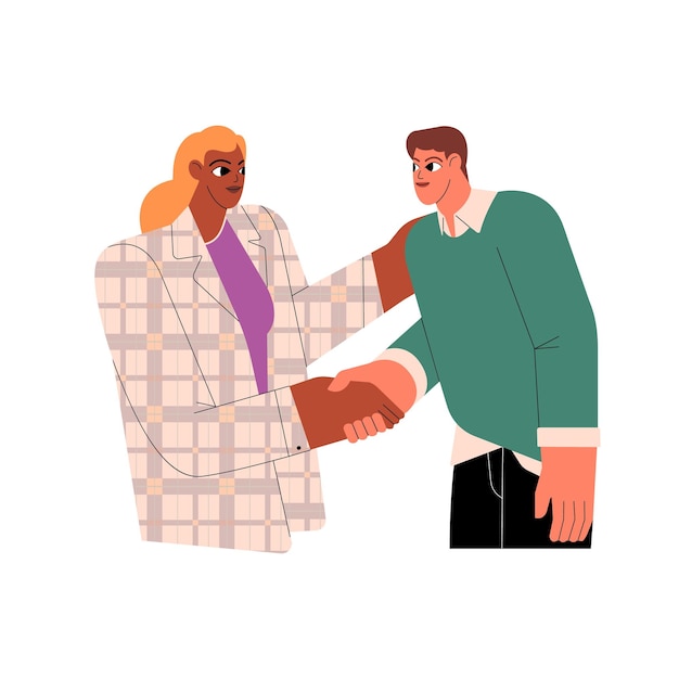 Business people partners handshake Man and woman colleagues shaking hands greeting HR worker welcoming trainee newcomer novice Flat graphic vector illustration isolated on white background