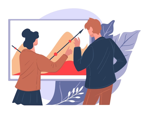 Vector business people planning new business strategy, implementing innovations and leading company to success. management and increasing profits. man and woman looking at chart, vector in flat style