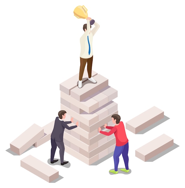 Business people playing jenga board game vector isometric illustration competitive fight in business...