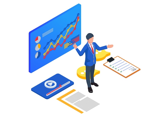 Business people presenting their business development. Isometric startup illustration.