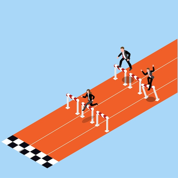 Vector business people racing jumping over obstacle 3d isometric