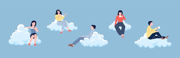 Vector business people relax on fluffy clouds and drink coffee or tea office team rest meditation in lunch time women men dream vector characters relaxation freedom in sky illustration