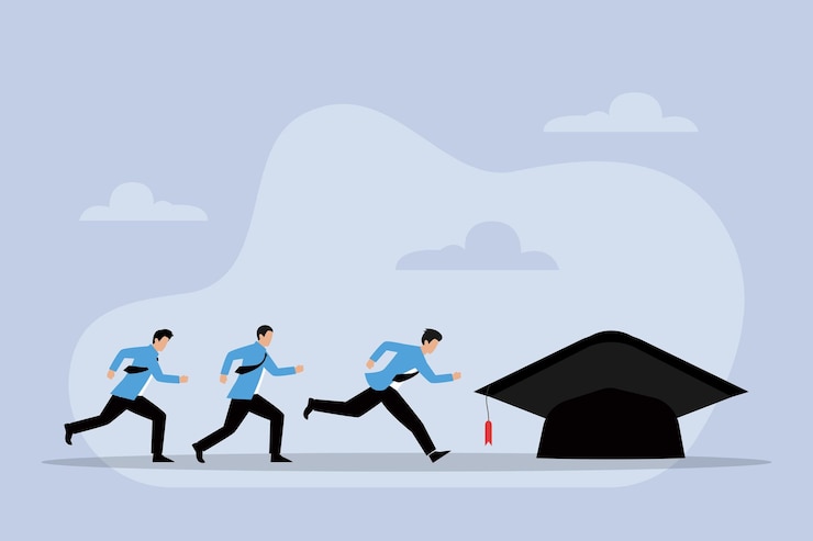 Vector business people running to big graduation hat