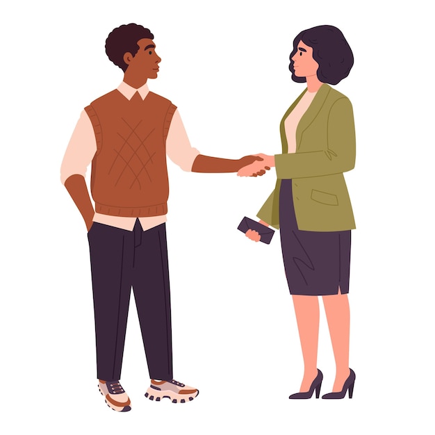 Vector business people shaking hands office characters handshake busy colleagues greeting or agreement gesture flat vector illustration business handshake scene