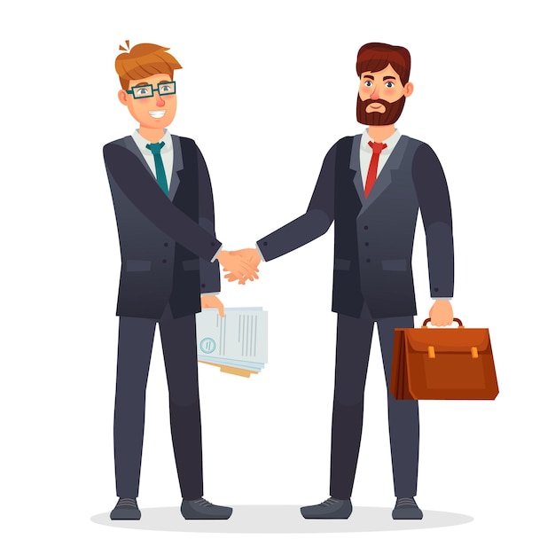 Vector business people shaking hands. partners making deal, having contract agreement. document signing for money investment. business meeting. characters holding briefcase and documents vector illustration