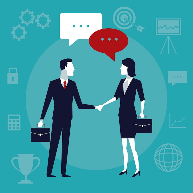 business people shaking hands and talk in text dialog