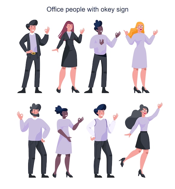 Vector business people showing a sign of ok. female and male characters with agreement sign. business worker smile with approval. successful employee, achievement .