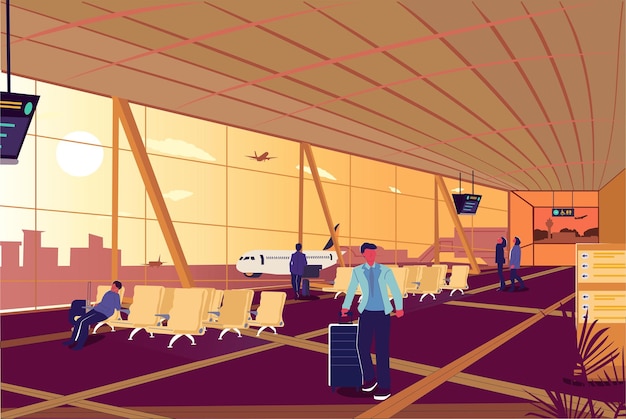 Business people sitting and walking in airport terminal business travel concept Flat design