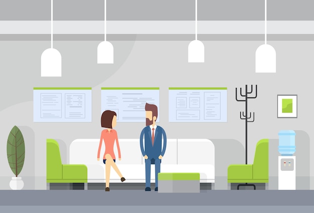 Vector business people on sofa, modern office waiting room interior