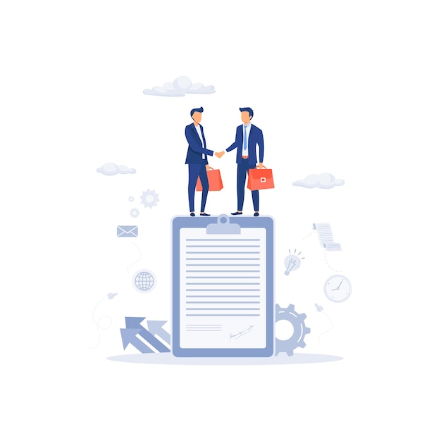 Vector business people standing on a signed contract flat vector modern illustration