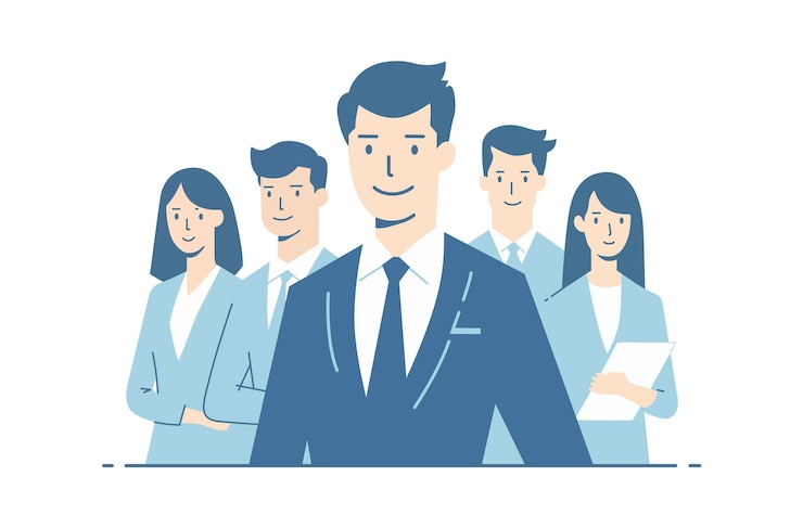 Vector business people standing together with team leader on the center vector illustration