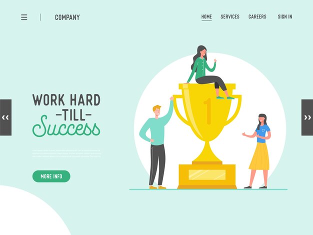 Business people success concept, leadership, achievement landing page template. Businessman character with prize, winning trophy, successful teamwork for website or web page. 