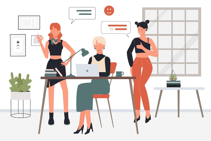 Vector business people success teamwork female employees colleagues happy to work as team