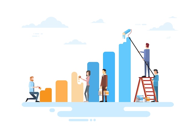 Vector business people team drawing financial bar graph