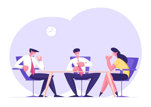 Vector business people team of relaxed male and female characters sitting in office