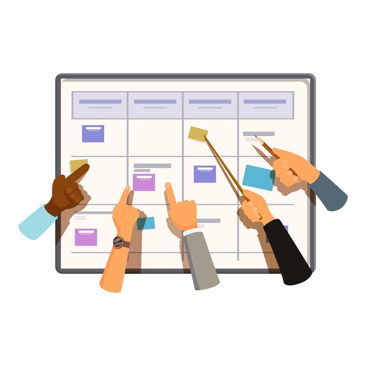 Vector business people team working planning project on board using sticky notes