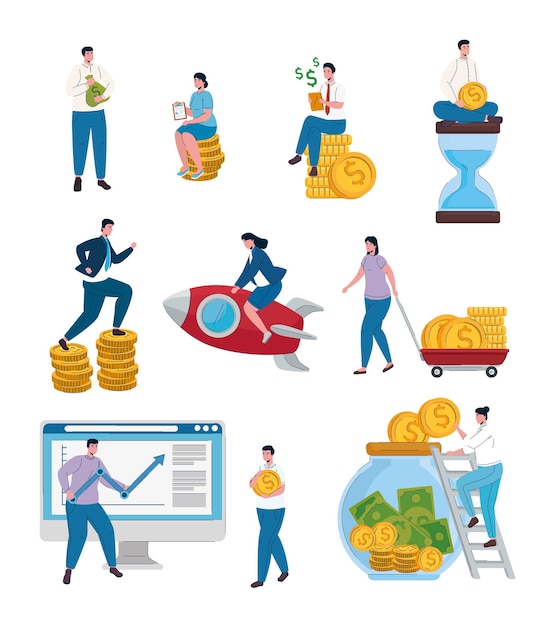 Business people teamwork and money set icons