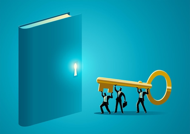 Vector business people trying to open a book with a giant golden key