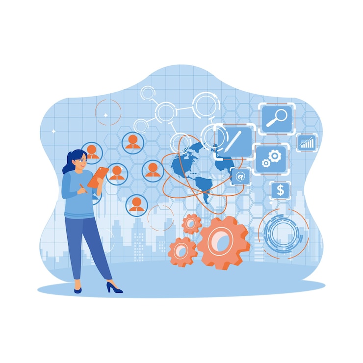 Vector business people using smart phone with digital business graphics icons and globes