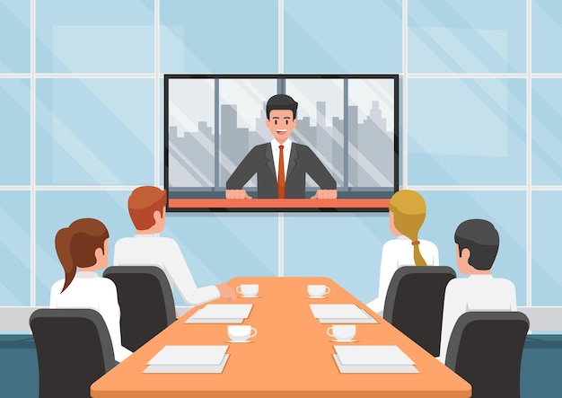 Business people at the video conference call with the team at meeting room. Teleconference concept