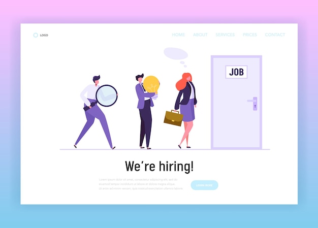 Vector business people waiting job interview at door landing page.