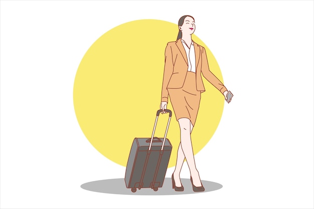 Business people walking, business travel concept. smart phone. Flat design. Passengers with luggage