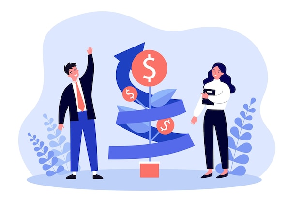 Vector business people watching growth of money tree with coins. success of financial strategy of man and woman flat vector illustration. wealth concept for banner, website design or landing web page