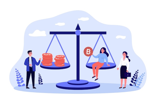 Business people with balance scales, bitcoin vs dollar. Person trading or buying crypto currency flat vector illustration. Stock crypto market concept for banner, website design or landing web page