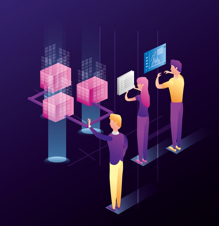 Vector business people with data center network icons