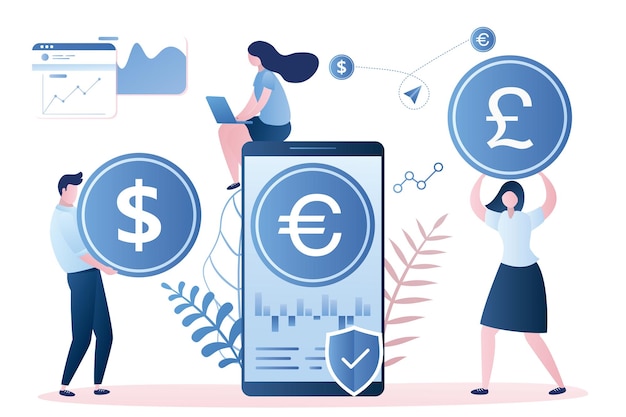 business people with euro and dollar coins big smartphone with currency stock market uk pound sign