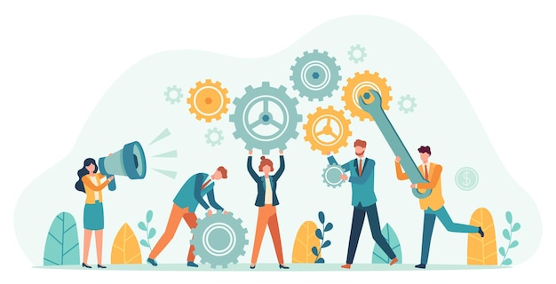 Vector business people with gears. employee team create mechanism with cogs, manager with megaphone. tiny person teamwork motivation vector concept. idea of office worker working productively