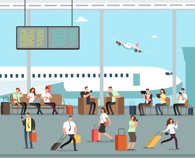 business people with luggage at airport vector travel concept