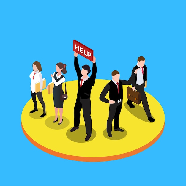 Vector business people with red sign board asking for help 3d isometric