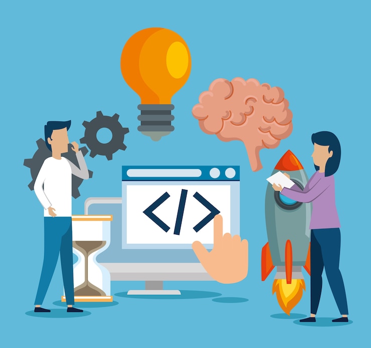 Vector business people with start up set icons