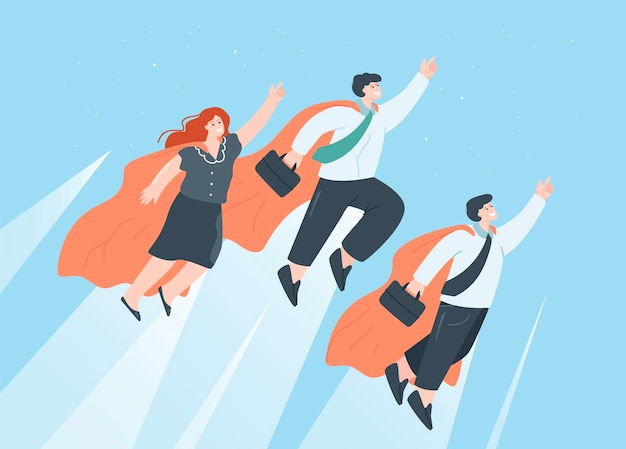 Business people with superhero capes flying through sky. Team of powerful male and female heroes, professional businessmen in suits flat vector illustration. Teamwork, success concept for banner