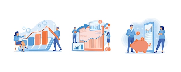 business people and women make financial analyzing financial graphs and charts using a tablet man and woman saving in piggy bank investment concept set flat vector illustration