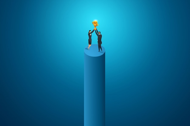 Business people women and man hold big trophy competition achievement. isometric concept  illustration