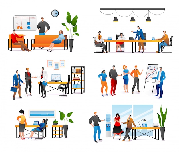 Vector business people at work meeting in office set of  illustrations. teamwork, two businessmen colleagues at meeting, communication, discussion and brainstorming, planning work. cooperation.