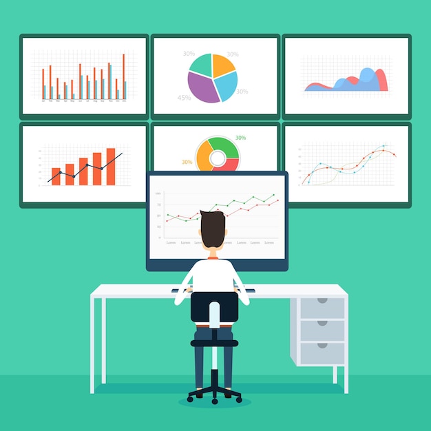 Concetto di monitor grafico del rapporto di lavoro e analisi degli uomini d'affari