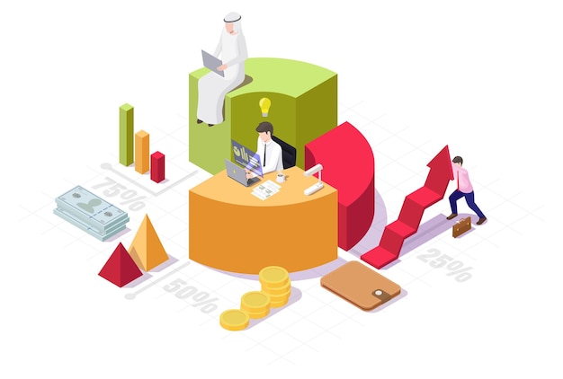 Uomini d'affari che lavorano su computer seduti sull'analisi dei dati dell'illustrazione isometrica del grafico a torta...