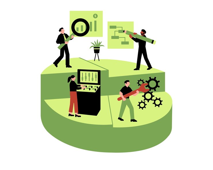 Vector business people working in office teamwork brainstorming planning analysis flat vector