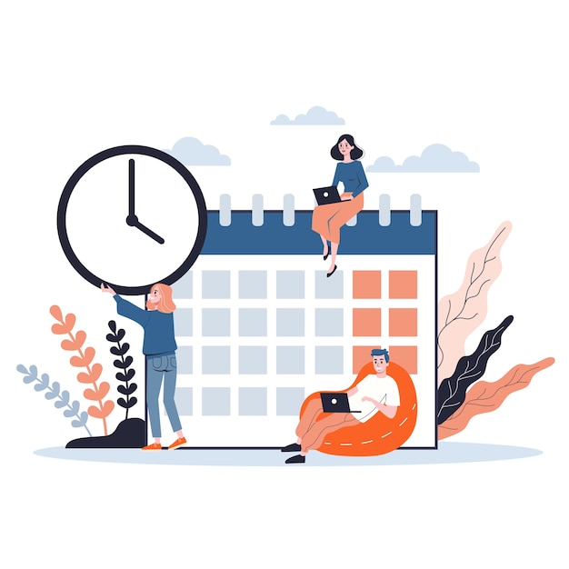 Business people working in team and planning. time management concept. making a week schedule. isometric illustration