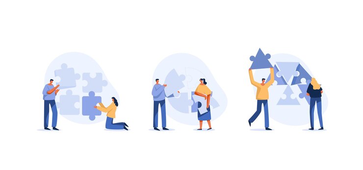 Vector business people working together and connecting separated puzzle pieces vector illustration