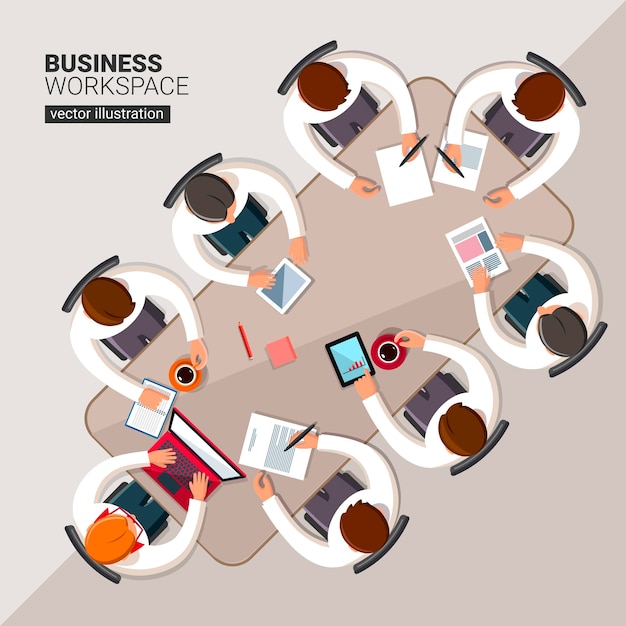 Business people workplace top view sitting at office desk work vector illustration flat design