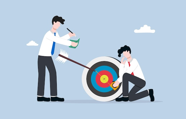 Business performance measurement Businessman measure distance from arrow to bullseye with colleague