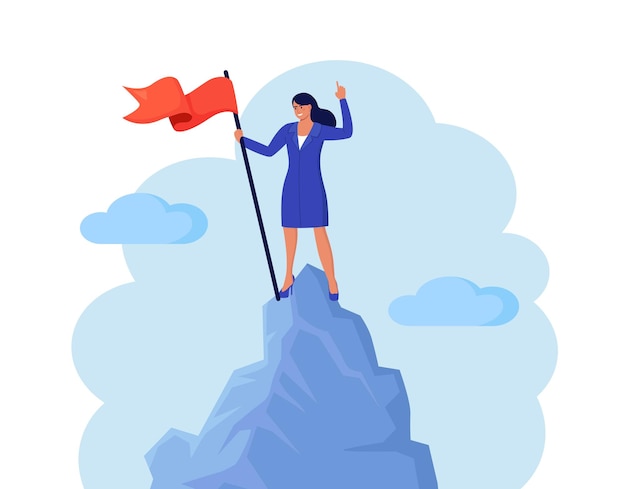 Business person climbed to top of mountain and hoisted flag on it Career professional achievement ambition Woman stands on mountain peak celebrates victory Business development success growth