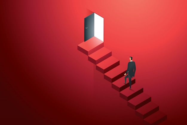 Business person climbing on concrete ledder at door black on wall red up path ladder to goal success. illustration