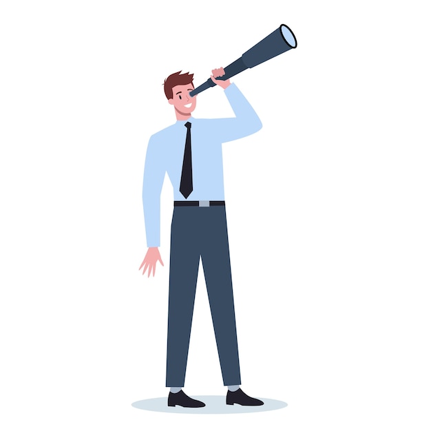 Business person in formal office clothes holding a telescope. man searching for new perspective and opportunity. leadership concept.