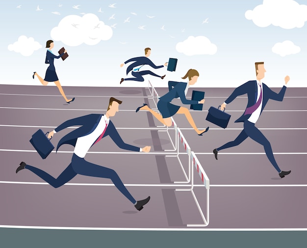 Vector a business person jumping over hurdles.