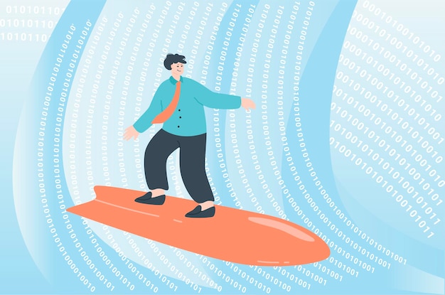 Business person riding surfing board on waves of binary code. Businessman surfing on binary numbers, virtual data flat vector illustration. Challenge, technology, digital world concept for banner